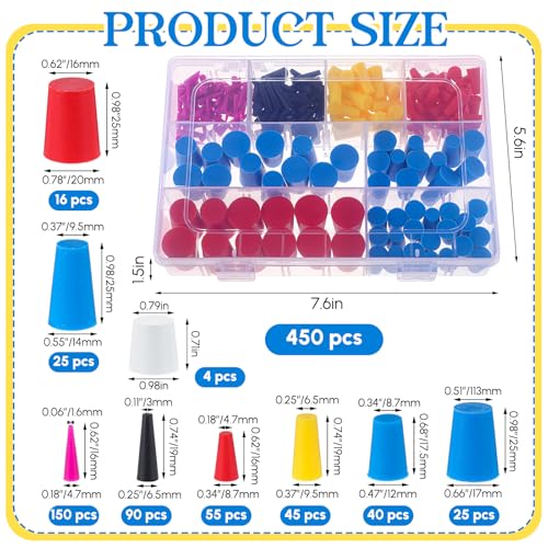 Image of Briwooody 450 Pcs Rubber Plugs 8-Sizes Silicone Tapered Plug Kit 1 /15 inch to 1 inch High Temp Stoppers for Coating, Hole, Painting Protection Silicone Stopper