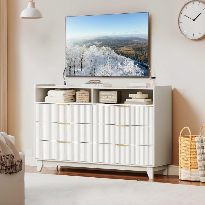 Fluted 6 Drawer Dresser for Bedroom, White Wooden Chest of Drawer with Charging Station, Dresser TV Stand, Double Wooden Drawer Organizer for Bedroom, Living Room, Hallway, White