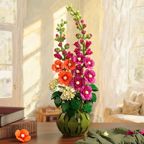 Image of CUBIMANA Flowers Botanicals Alcea Rosea Building Set for Adults, Ages 12+ | Artificial Flowers & Plants for Home Office, Bedroom or Desk Decor, 974PCS Birthday Christmas Housewarming Gift for Women Men