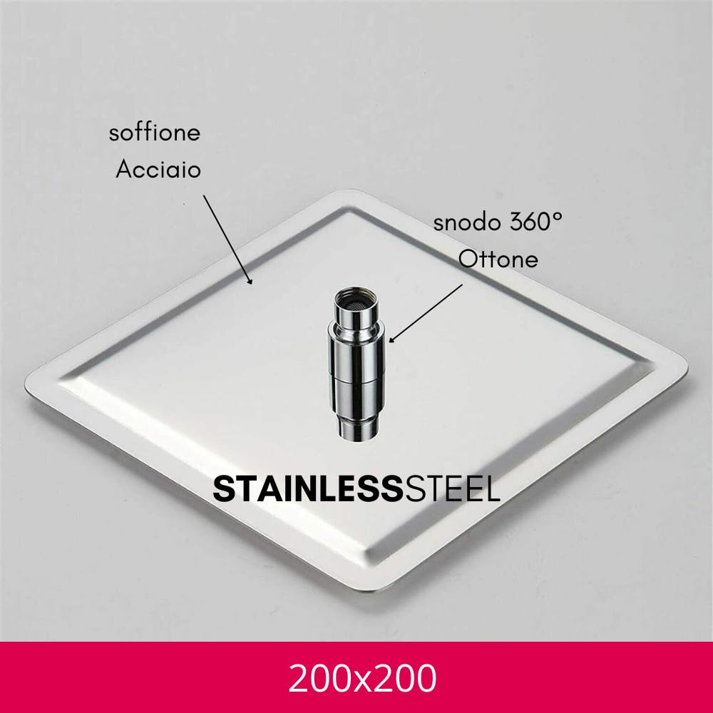 Schläfer 134700 | Soffione Doccia Quadro 20x20 cm a Pioggia, Anticalcare ad Alta Pressione Ultra Sottile in Acciaio Inox, Soffione per Cabina Doccia, Snodo Regolabile Universale G 1/2, Cromo, Argento
