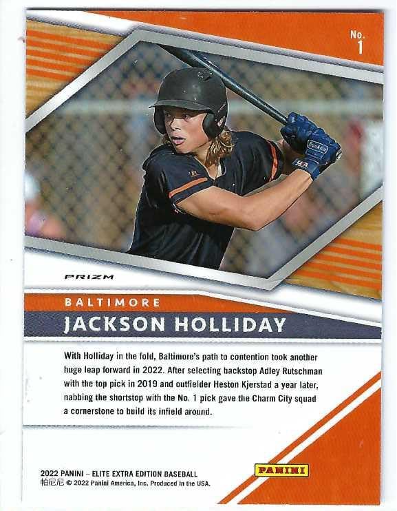 JACKSON HOLLIDAY 2022 Panini Elite Extra Edition #1 Optic HOLO PRIZM PARALLEL Baseball Rookie Card RC Baltimore Orioles