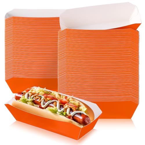 Yeaqee 100 Pcs 7" Paper Hot Dog Trays Disposable Paper Food Nacho Boats Hot Dog Holders Food Plates Disposable Serving Trays for Carnivals, Parties, Dinner, Cookouts(Orange)
