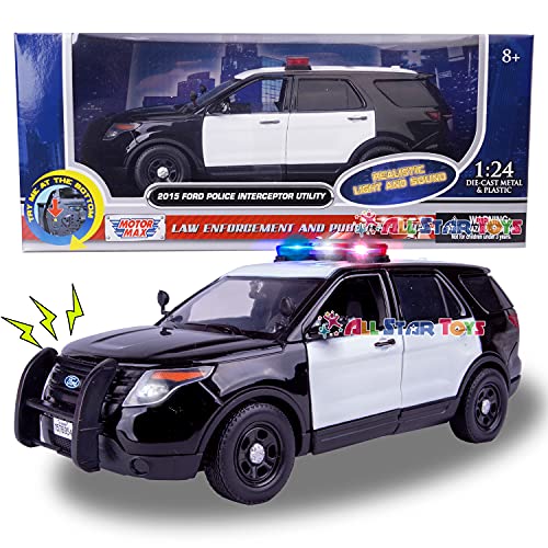 Motormax 2015 Ford Police Interceptor Utility Black and White with Flashing Light Bar and Front and Rear Lights and 2 Sounds 1/24 Diecast Model Car