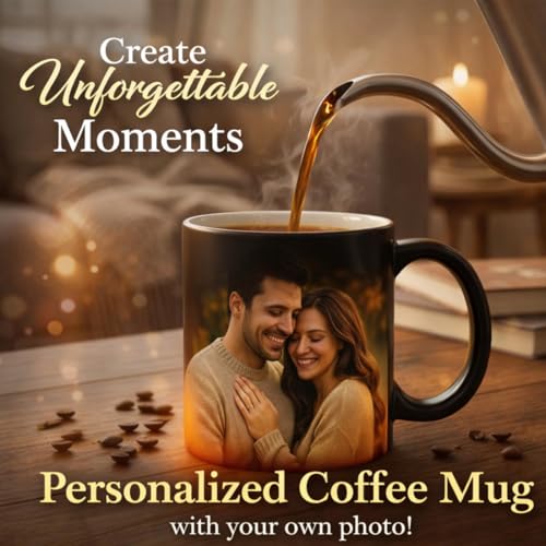 Image of KivStar Secret Reveal Personalized Photo Magic Mug - Custom Name & Quote - Black Ceramic Color Changing Mug (325ml) for Birthday, Anniversary, Valentine's Gift.