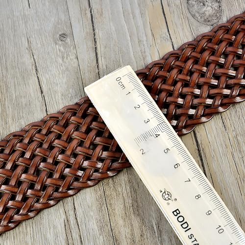 2 Inch Wide Leather Braided Belts for Women Hand Made Soft Woven Waistbands with Round Golden Pin Buckle4