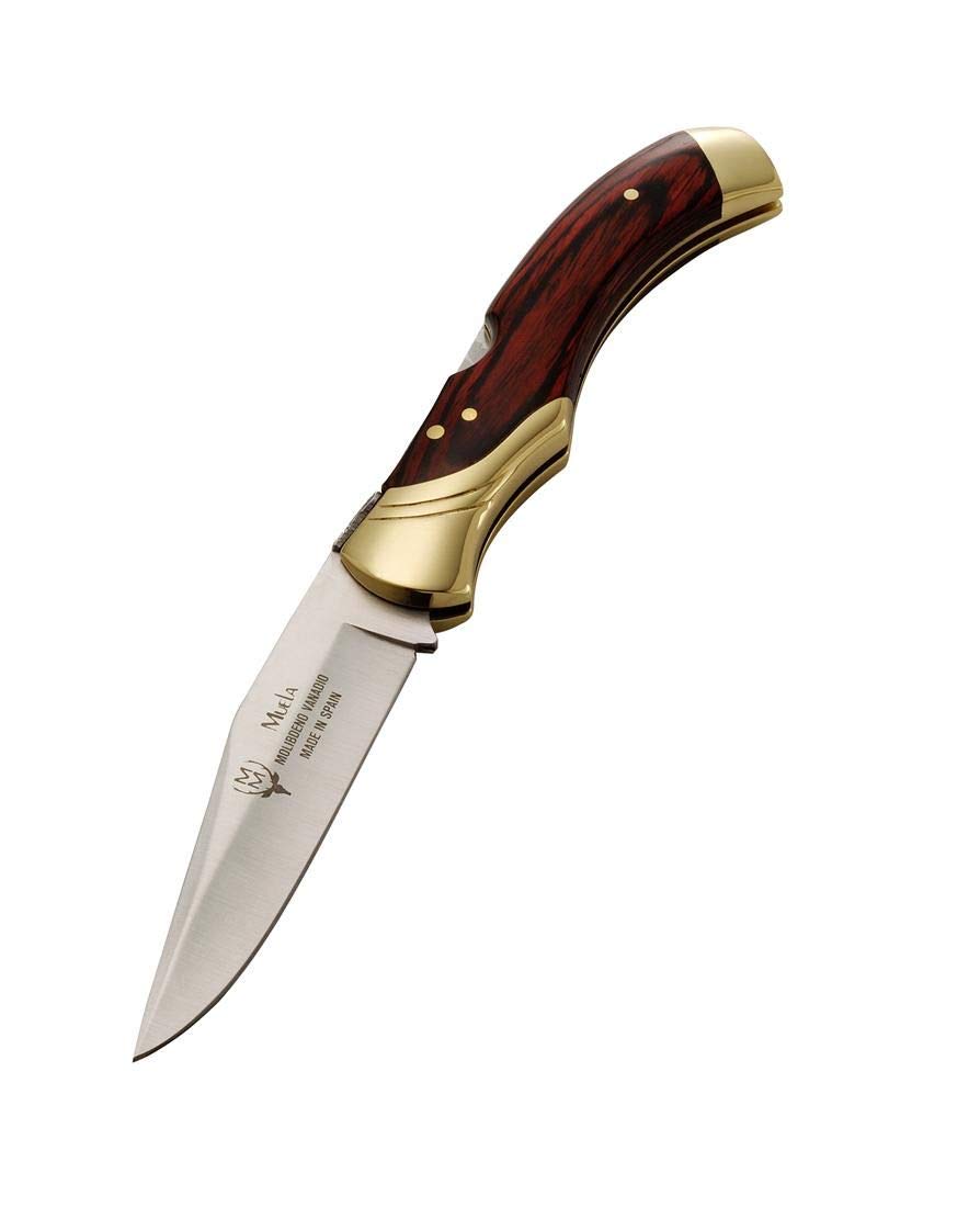 Muela Navaja de Caza GL-10NL con hoja de acero inoxidable ACX-380 de 9,5 cm y empuñadura de madera palovioleta de 12 cm para Caza, Pesca, Supervivencia y Bushcraft + Portabotellas de regalo