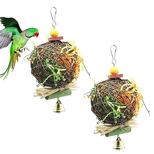 Bebochoi 2 Stück Papageienspielzeug Sepak Takraw Spielzeug, Kauspielzeug Vögel Spielzeug, Natur Rattan Kugeln Kauspielzeug, für kleine Vögel, Papageien (Mehrfarbig) Cover