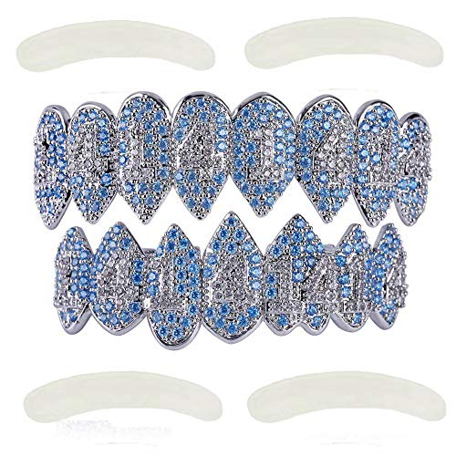 TOPGRILLZ Iced Out CZ Lab Diamond Tehran Zircon Trippie Redd 14 Vampire Fangs Top and Bottom Grillz for Kids Men (Silver Set)
