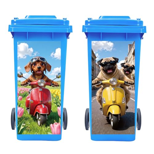 Peacoblue 2 hojas de calcomanías adhesivas para cubo de basura con diseño de perro en motocicleta con tulipán, 15 x 32 pulgadas, impermeables, grandes envolturas para basureros, puertas, paredes