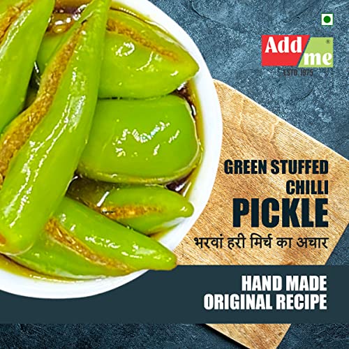 Image of Add me Rajasthani bharwa mirch Stuffed green Chilli Pickle 500gm Athana hari mirchi ka achar Pickles Glass Pack | Spicy & Tangy Homemade Achar (500g) All-Natural Ingredients.