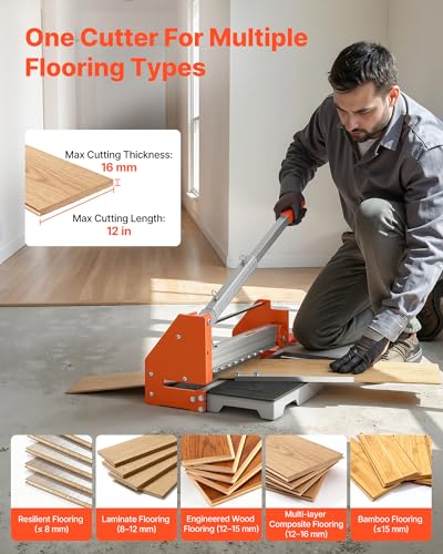 Image of VEVOR 12 inch Vinyl Floor Cutter, 16mm Thick Laminate Flooring Cutter with Upgraded Labor-Saving Aluminum-Alloy Lever, Telescoping Support Plate, Cuts Engineered Wood, LVT, VCT, SPC, LVP, WPC