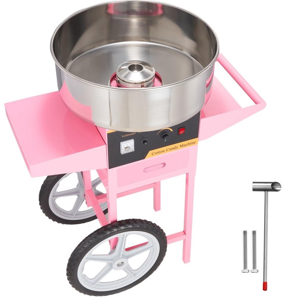 Commercial Electric Cotton Candy Machine with Cart, Stainless Steel Bowl, Sugar Scoop and Drawer - Perfect for Home, Kids Birthday, Family Party - Pink