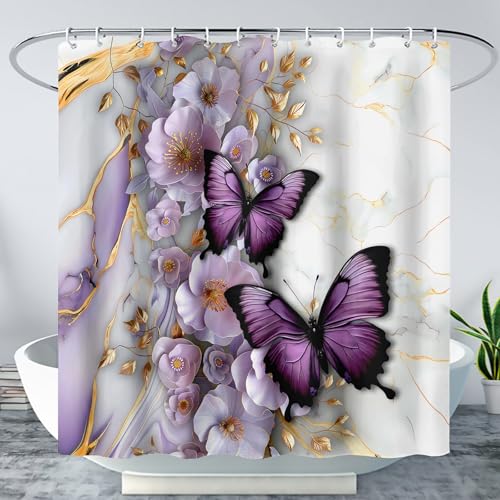 AILONEN Purple Floral Butterfly Shower Curtain, Waterproof Gold White Marble Flower Bath Curtain for Kids Girls Women, 48