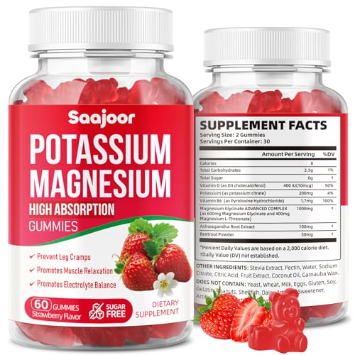 Potassium Magnesium Gummies High Absorption Magnesium Glycinate D3 & B6 Potassium Citrate - for Muscle Support Leg Cramps & Electrolyte Balance - Vegan Non-GMO Strawberry Flavor 60 Count