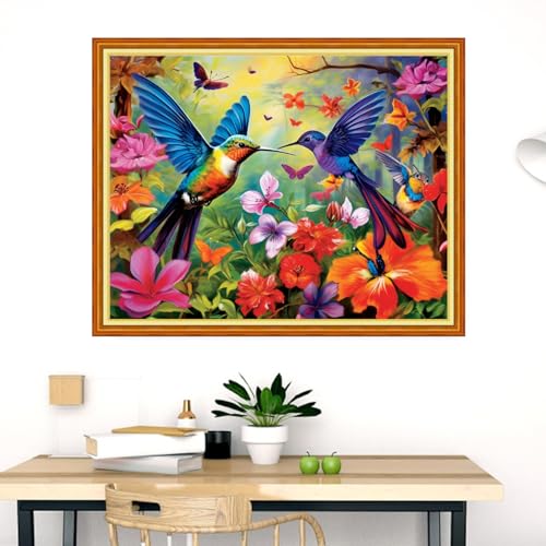 Image of Dimensean Stamped Cross Stitch Kits Full Range of Embroidery Patterns Starter Kits for Beginners Adult DIY Cross Stitches Needlepoint Kits 11CT-Hummingbird Flowers 16x20 inch