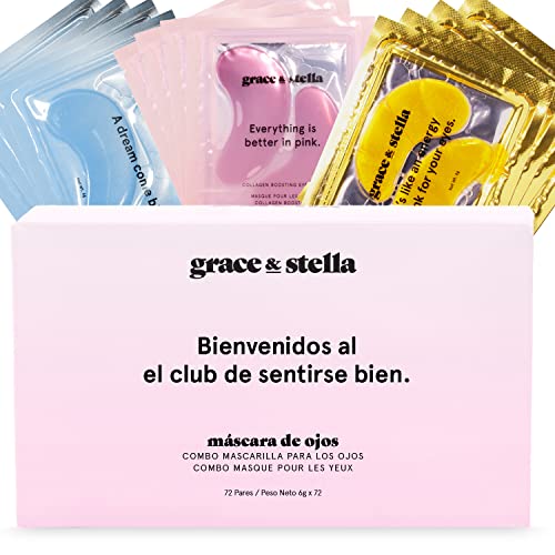 Grace and Stella Anti Ojeras de Gel para Ojos - Reducen Bolsas y Arrugas - Veganos y No Testados en Animales [72 Pares, Dorado, Rosa, Azul]