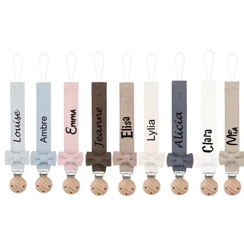 attache tétine personnalisé prénom fille garçon- en velours avec noeud -attache en bois- 9 couleurs de tissu au choix- cadeau naissance personnalisé