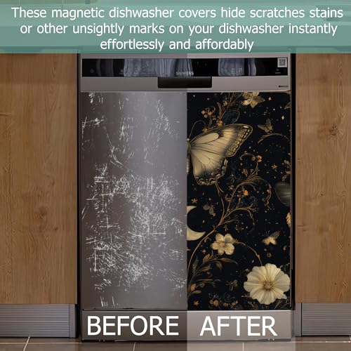 Image of Retro Butterly Refrigerator Magnet Cover,Gothic Garden Flower Washable Dishwasher Magnets Decorative Cover,Home Kitchen Decorative Dishwasher Front Panel Cover 23x26 Inch