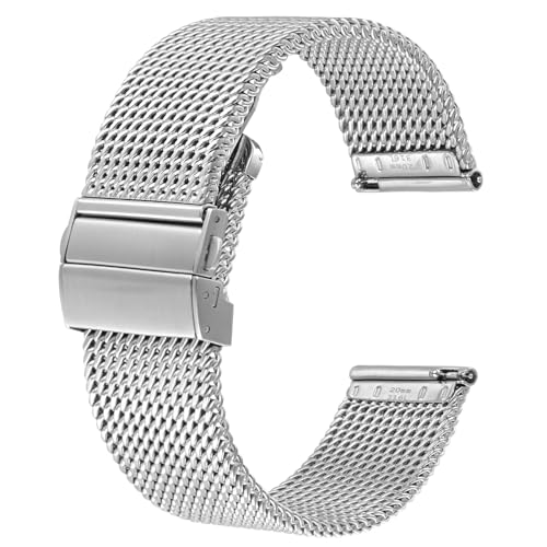 BISONSTRAP Metall Uhrenarmband, Faltschließe, 316L Edelstahl Mesh Armband, Schnellverschluss Ersatzarmband für Damen und Herren, 22mm, Silber