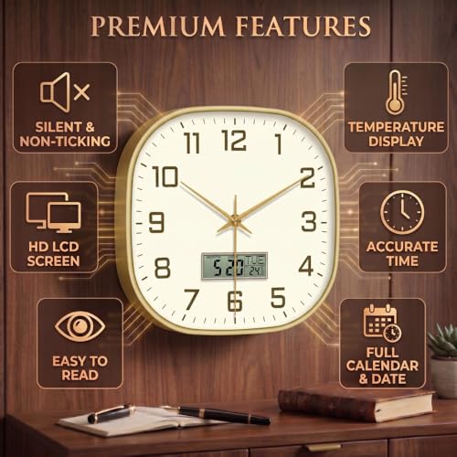 Image of STAR WORK 12 inch Inch Square Silent Non-Ticking Quartz Movement Wall Clock with Analog & Digital Display | Easy-to-Read Numbers | Modern Design for Living Room, Bedroom or Office (White - Gold Digital)