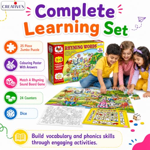 Image of Creative's Rhyming Words 3-in-1, Phonemic Awareness Game, 25 Jumbo Puzzle 24 Pairs Colouring Poster Board Game Dice, Early Reading, Vocabulary Spelling Skills Language Educational Games, Ages 5 & Up