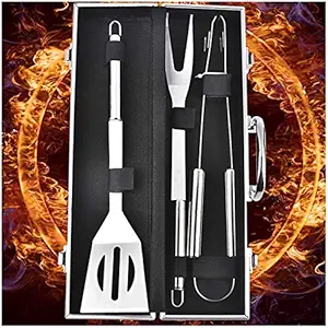 TRAY Stainless Steel BBQ Grill Tool Set of 3 Pcs - Silver Consisting of Spatula,Tongs and Fork with Storage Case Box