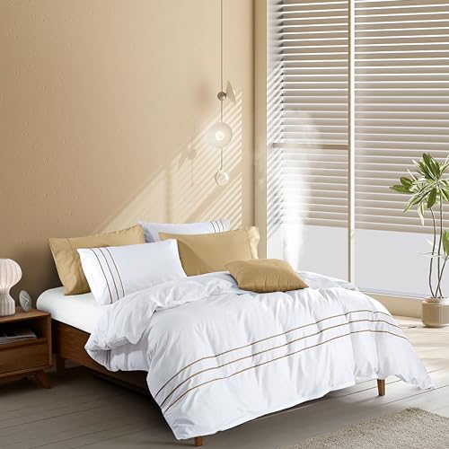 Duvet Cover Set 3 pcs(1 Duvet Cover+2 Pillowcases) 100% Cotton Sateen Woven Hidden Zipper Closure… (White Beige, King)