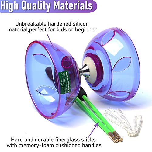 Image of Bodyrhythm 5 Bearings Chinese Diabolo Yoyo Set with Fiberglass Sticks, Adjustable Strings for All Ages - Best for Fitness and Tricks (Purple)