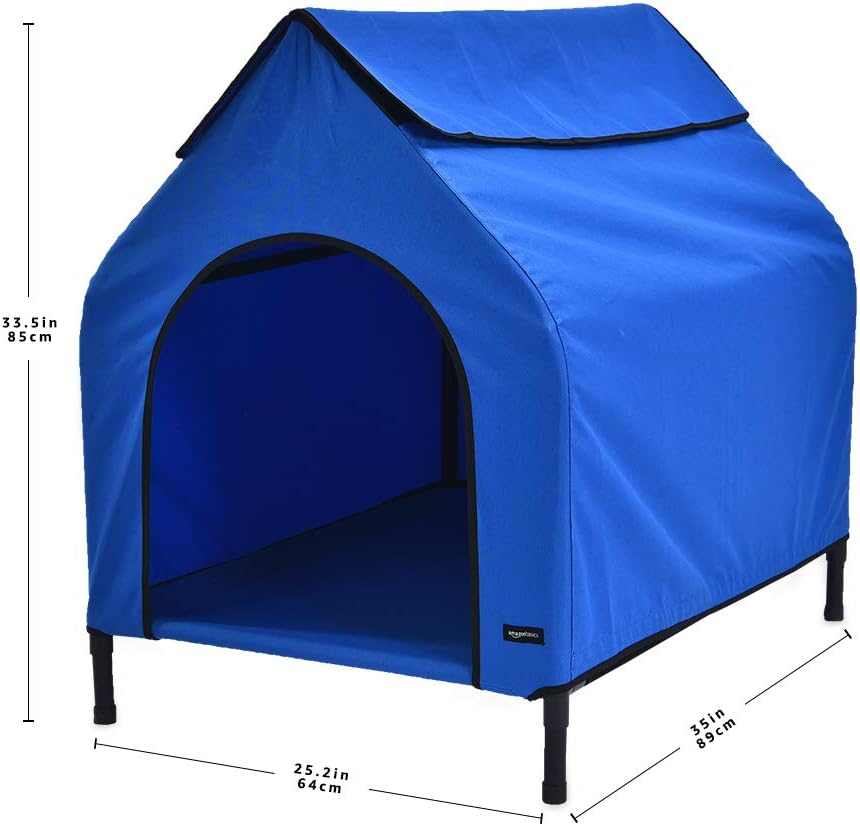 A diagram showing the dimensions of the Amazon Basics Portable Pet House: 35 inches (89 cm) in height, 25.2 inches (64 cm) in width, and 35 inches (89 cm) in length.
