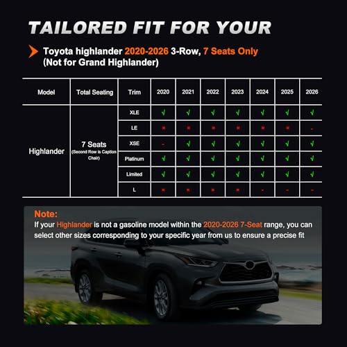 Image of AOMSAZTO Custom Fit Car Seat Covers for Toyota Highlander 2020 2021 2022 2023 2024 2025 2026 - (Three-Rows 7 Seats,Second Row Captain Chair) Faux Leather Black