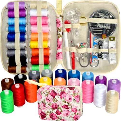 Image of Sewing Kit with Case Portable Sewing Supplies for Home Traveler, Adults, Beginner, Emergency, Contains 18 Sewing Thread, Scissors, Needles, Measure etc,Black (red Rose)