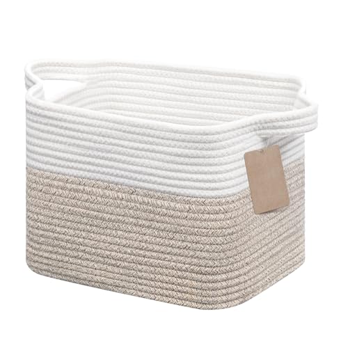 JOJOSEE Aufbewahrungskorb, Kleiner Korb Aufbewahrung, Aufbewahrungskorb Geflochten Baumwollseil, Organizer Korb für Spielzeug Kinderzimmer, Decken, Kissen, 33 x 25 x 22,5 cm, Weiß & Braun