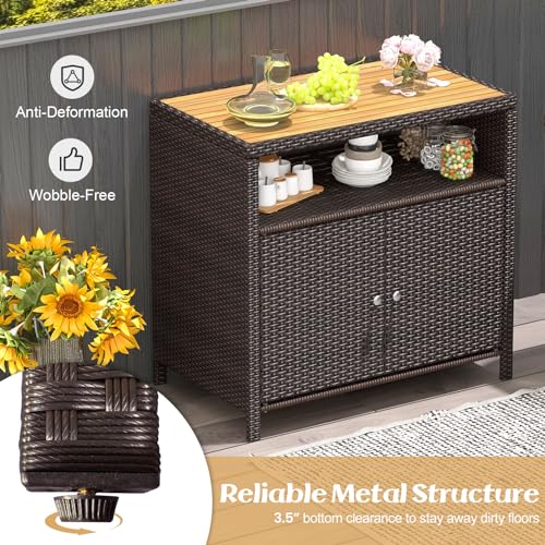 Image of Tangkula Rattan Outdoor Storage Cabinet, Patiojoy Outdoor Cabinet with Acacia Wood Countertop, Open Compartment, 2-Door Wicker Sideboard, Outdoor Bar for Patio Garden Backyard Poolside (Mix Brown)