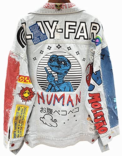Punk Style Graffiti Letters Printing Denim Jacket Women Hip Hop Jean Coats,One Size