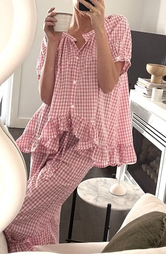 Image of Argeousgor Women Plaid 2 Piece Pajama Set Button Down Puff Sleeve Babydoll Shirt Gingham Pants Pj Lounge Set Sleepwear