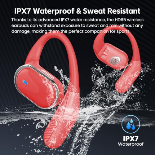 Image of TRAUSI Open Ear Wireless Earbuds Bluetooth Headphones, 80H Playtime Stereo Ear Buds with ENC Noise Cancelling, Fast Charging, IPX7 Waterproof Sports Earphones with Earhook for Running /Workouts (Red)