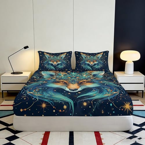 Drap-housse motif loup microfibre 3D avec bonnet profond antidérapant