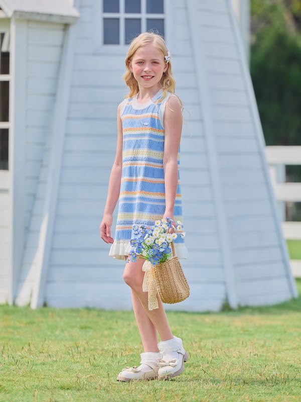 Girls Sleeveless Tank Dress, Blue Multicolor Striped Floral with Ruffle Hem Casual Summer Dress 6-16Y2