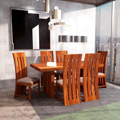 Image of KendalWood Furniture Sheesham Wood Dining Table with 6 Chairs with 1 Table | 1 Year Warranty | 6 Seater Dining Set- Dining Room Furniture (Finish Color:-Teak Finish with Cream Cushion)