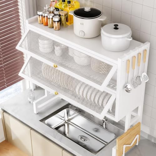 Image of YAGVIZ Sink Dish Drying Rack with Flip Cover Door, Kitchen Double Layer Multifunctional Countertop Organizer, Dustproof Space-Saving Drain Shelf with Dishwasher /Tableware Storage