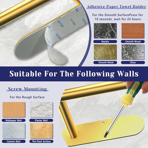 Image of Paper Towel Holder, Self Adhesive or Drilling Paper Towel Holder Under Cabinet, Stainless Steel Paper Towel Holders Wall Mount for Kitchen, Bathroom, Sink, Pantry, Fridge (Gold)