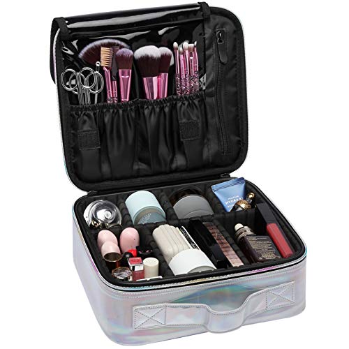 Makeup Case, Cambond Holographic Makeup Bag Professional Makeup Train Case Large PVC Cosmetic Bag Makeup Organizer with Adjustable Dividers for Cosmetics Make Up Tools Toiletry Jewelry, Silver