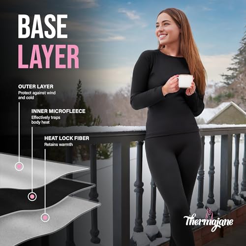 Conjunto de calça térmica feminina ultramacia Thermajane com forro de lã, Preto, Medium