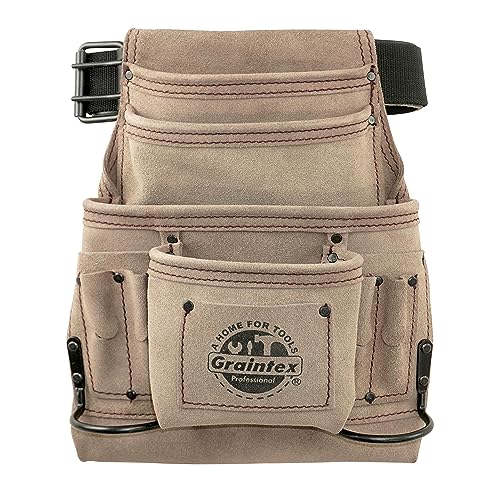 Graintex SS2270 10 Pocket Nail & Tool Pouch Beige Color Suede Leather with 2” Leather/Webbing Belt for Constructors, Electricians, Plumbers, Handymen