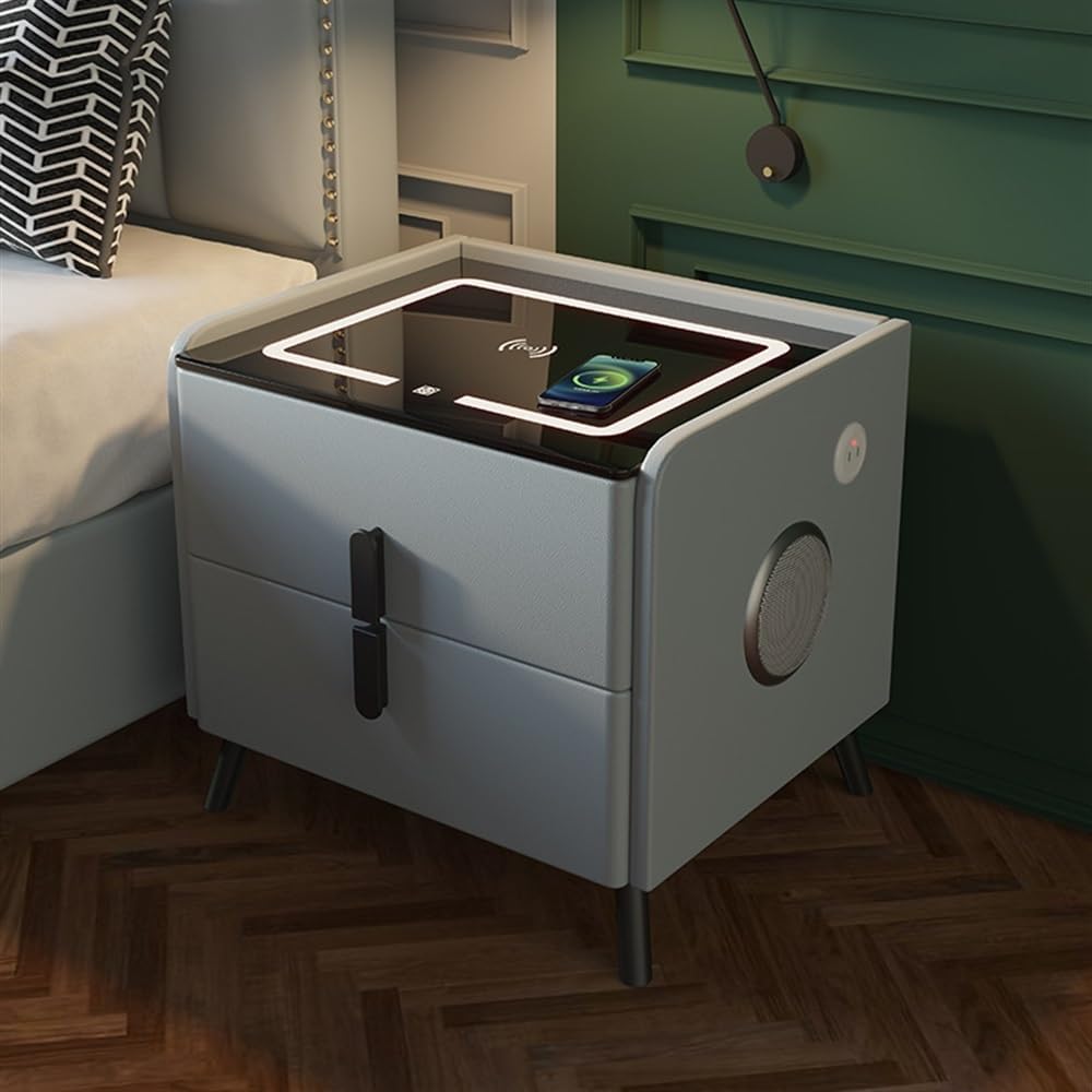 Smart Nightstands with Charging Station, USB Port, Nightstand with LED Lights and Speaker, 2 Storage Drawers (Color : Orange, Size : 15.75 * 15.75 * 18.11in)