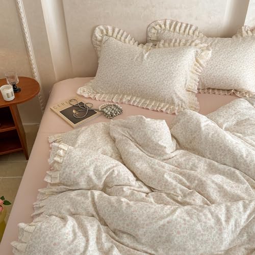 Image of VM VOUGEMARKET Ruffle Duvet Cover Set Twin,Vintage Garden Floral Duvet Cover with 2 Pillow Shams,Double-Layer Gauze Cotton Bedding Set,Comfy,Breathable & Lightweight for Girls-68 x86