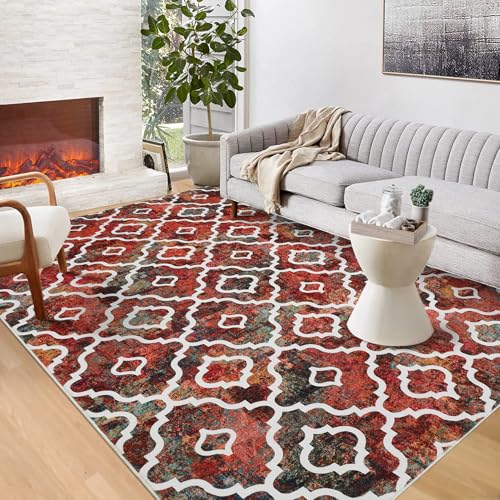 GlowSol Christmas Rug 8x10 Washable Rugs for Living Room Rug Non-Slip Soft Christmas Rug Geometric Farmhouse Low Pile Design Printed Carpet for Dining Room Bedroom Office Home Decor Colorful Red