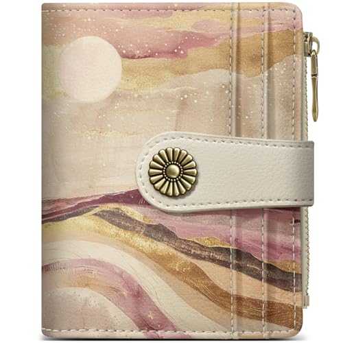 Image of Small Wallet for Women, RFID Blocking Bifold Card Holder Wallet with 10 Card Slots, Cash Compartment, Zipper Coin Pocket & ID Window, Cute Soft Vegan Leather Compact Wallet, Landscape