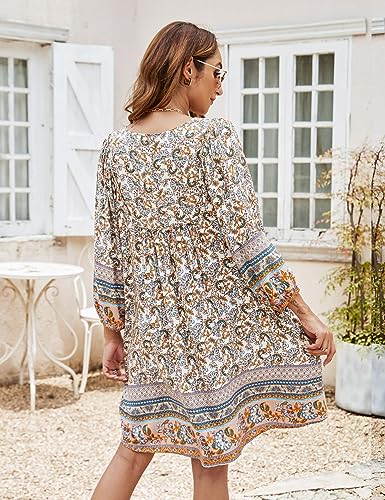 Image of Bluetime Women Casual Summer Dress Boho V Neck 3 /4 Sleeve Babydoll Floral Print Flowy Beach Dress