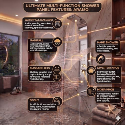 Image of ARAMO Shower Panel - Wave with Waterfall Shower, Massage Jet, 5 Water Functions (Chrome)